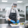 A close-up, clean, and brightly lit photograph showing a culinary professional wearing high-quality, professional Quality Kitchen PPE (disposable gloves, apron, hairnet) while preparing food on a stainless steel surface. The image should emphasize the barrier protection and the theme of Spotless Interior Environments and food safety